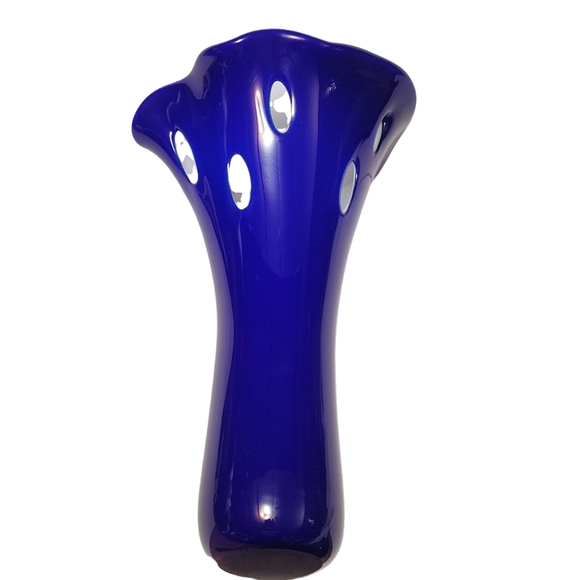 Cobalt Blue Milky White Inside Ruffled Top Cut Outs 12" Tall Vase - Picture 7 of 11